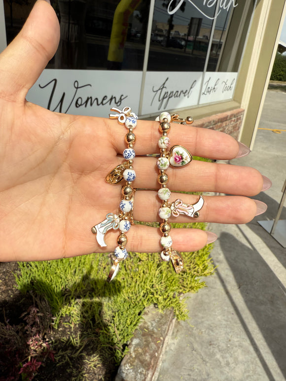 Coquette Cowgirl Ceramic Bracelet with Charms - Design in Blue and Pink - Includes Cowgirl Charms